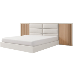 Cama de casal NARTA estofada - Branco Mate e Carvalho
