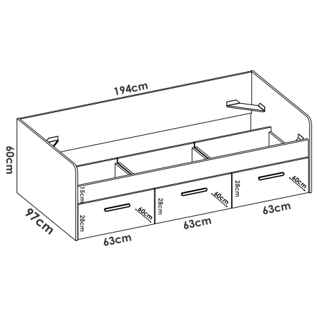 Cama de solteiro MEKA - dimensões internas Cama de solteiro MEKA - dimensões internas