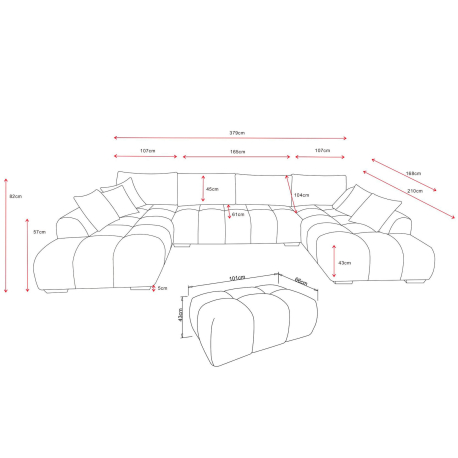 Sofá de canto CALIFORNIA com duplo chaise longue e repousa-pés - Cinzento Claro - dimensões Sofá de canto CALIFORNIA com duplo chaise longue e repousa-pés - Cinzento Claro - dimensões