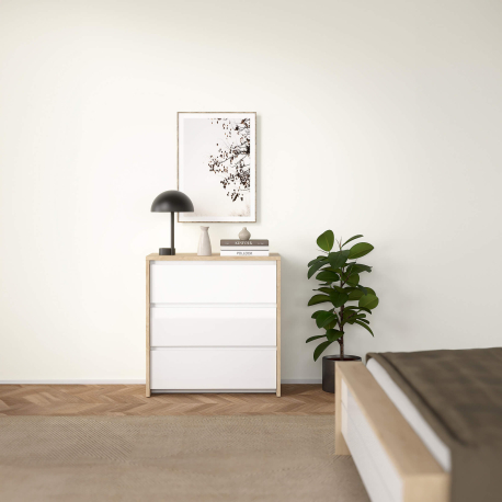 Cómoda ALVELOS com 3 gavetas - Carvalho e Branco Brilho Cómoda ALVELOS com 3 gavetas - Carvalho e Branco Brilho