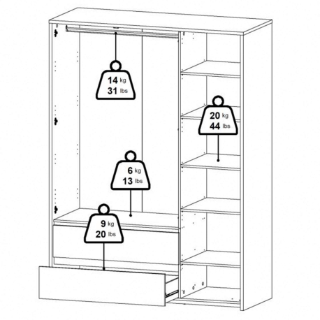 Roupeiro ALVELOS com 3 portas e 2 gavetas - Roupeiros com Portas de Bater Roupeiro ALVELOS com 3 portas e 2 gavetas - Roupeiros com Portas de Bater
