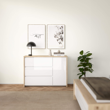 Aparador NEXT com 1 porta e 3 gavetas - Carvalho e Branco Brilho Aparador NEXT com 1 porta e 3 gavetas - Carvalho e Branco Brilho