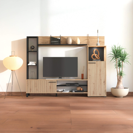 Estante TV RETIMNO com 2 portas e 6 prateleiras - Carvalho artesanato e preto Estante TV RETIMNO com 2 portas e 6 prateleiras - Carvalho artesanato e preto