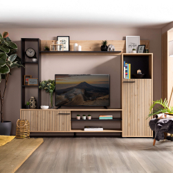 Estante TV RETIMNO com 2 portas e 6 prateleiras - Carvalho artesanato e preto Estante TV RETIMNO com 2 portas e 6 prateleiras - Carvalho artesanato e preto