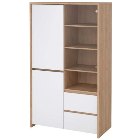 Vitrine NEXT com 3 portas e 2 gavetas - Branco brilho e carvalho Vitrine NEXT com 3 portas e 2 gavetas - Branco brilho e carvalho