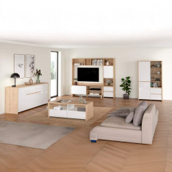 Vitrine NEXT com 3 portas e 2 gavetas - Branco brilho e carvalho Vitrine NEXT com 3 portas e 2 gavetas - Branco brilho e carvalho