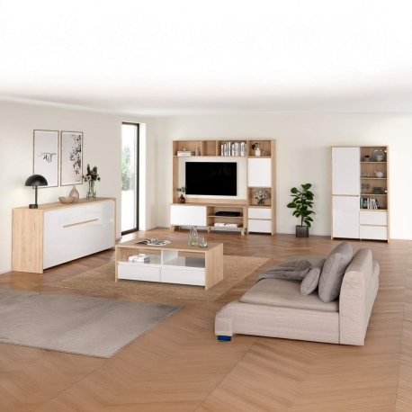Vitrine NEXT com 3 portas e 2 gavetas - Branco brilho e carvalho Vitrine NEXT com 3 portas e 2 gavetas - Branco brilho e carvalho