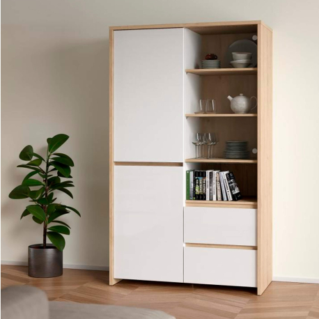 Vitrine NEXT com 3 portas e 2 gavetas - Branco brilho e carvalho Vitrine NEXT com 3 portas e 2 gavetas - Branco brilho e carvalho