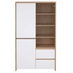 Vitrine ALVELOS com 3 portas e 2 gavetas - Branco brilho e carvalho