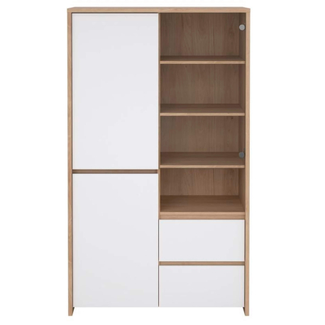 Vitrine NEXT com 3 portas e 2 gavetas - Branco brilho e carvalho Vitrine NEXT com 3 portas e 2 gavetas - Branco brilho e carvalho