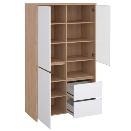 Vitrine NEXT com 3 portas e 2 gavetas - Branco brilho e carvalho Vitrine NEXT com 3 portas e 2 gavetas - Branco brilho e carvalho