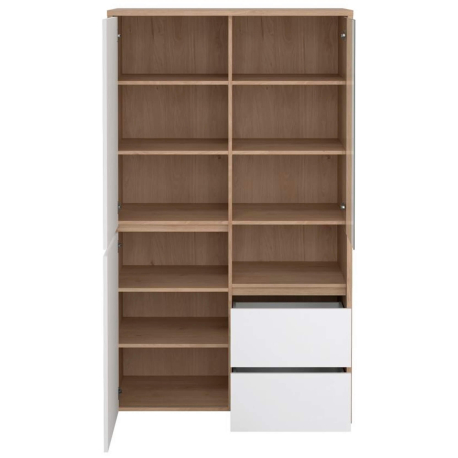 Vitrine NEXT com 3 portas e 2 gavetas - Branco brilho e carvalho Vitrine NEXT com 3 portas e 2 gavetas - Branco brilho e carvalho