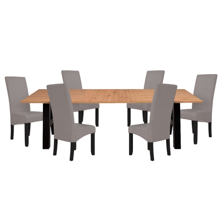 Pack mesa extensível GRANADA + 6 cadeiras DALAS - Carvalho Artesanato e Preto Pack mesa extensível GRANADA + 6 cadeiras DALAS - Carvalho Artesanato e Preto