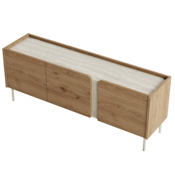 Móvel TV LUCILE com 3 portas 140cm - Carvalho e travertino bege Móvel TV LUCILE com 3 portas 140cm - Carvalho e travertino bege