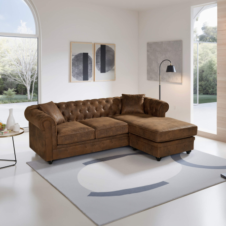 Sofá chaise longue reversível CHESTER Castanho Vintage - Reversível