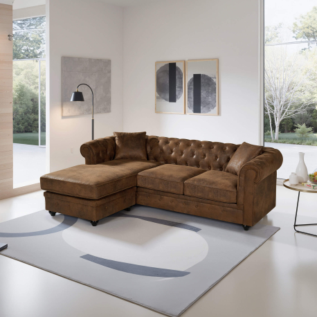 Sofá chaise longue reversível CHESTER Castanho Vintage - Reversível