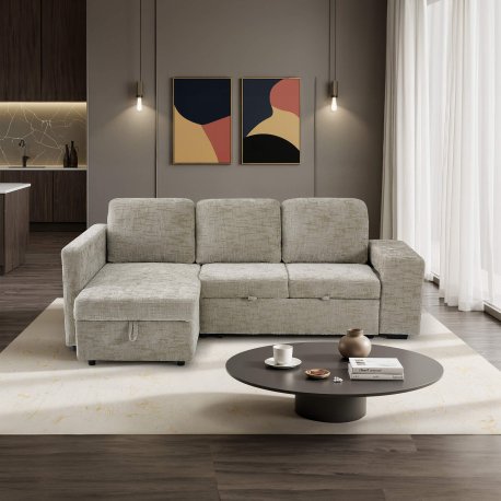 362545 - Sofá chaise longue STACY II com cama, baú e puffs - Bege Lado Esquerdo 362545 - Sofá chaise longue STACY II com cama, baú e puffs - Bege Lado Esquerdo