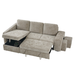 362545 - Sofá chaise longue STACY II com cama, baú e puffs - Bege Lado Esquerdo 362545 - Sofá chaise longue STACY II com cama, baú e puffs - Bege Lado Esquerdo