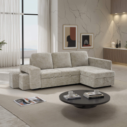 362544 - Sofá chaise longue STACY II com cama, baú e puffs - Bege Lado Direito
