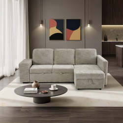 362544 - Sofá chaise longue STACY II com cama, baú e puffs - Bege Lado Direito