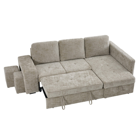 362544 - Sofá chaise longue STACY II com cama, baú e puffs - Bege Lado Direito
