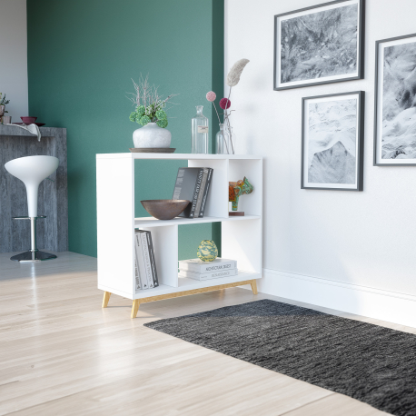 Estante GRACIE com 4 compartimentos - Branco Mate e Pinho