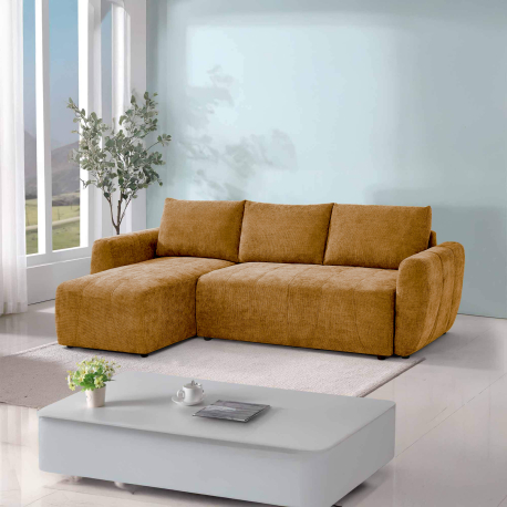 Sofá chaise longue reversível MOLITA com cama e baú - Mostarda Sofá chaise longue reversível MOLITA com cama e baú - Mostarda