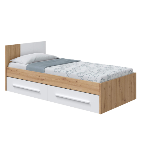 Cama de solteiro NOA com gavetas - Carvalho e branco