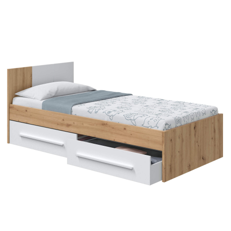 Cama de solteiro NOA com gavetas - Carvalho e branco