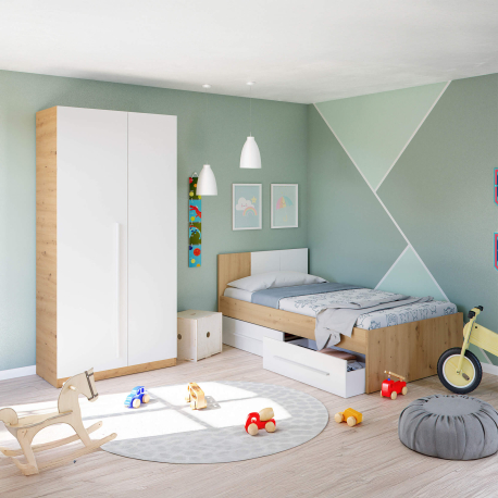 Cama de solteiro NOA com gavetas - Carvalho e branco