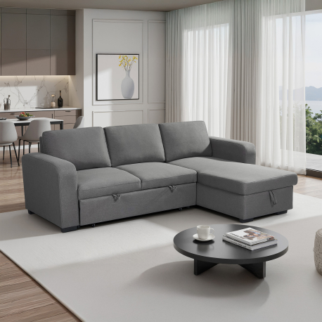 Sofá chaise longue MANHATTAN com cama e baú - Cinzento (TL2025-1 Light Grey) Sofá chaise longue MANHATTAN com cama e baú - Cinzento (TL2025-1 Light Grey)