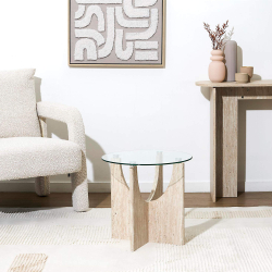 Mesa de apoio redonda PIETRA em vidro - Travertino Bege