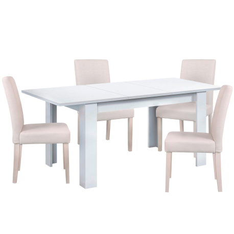 Pack mesa extensível BARCELONA + 4 cadeiras JULLIETE - branco e bege Pack mesa extensível BARCELONA + 4 cadeiras JULLIETE - branco e bege