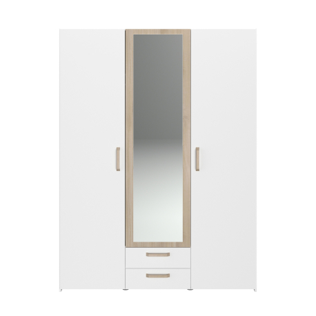 Roupeiro DREAM com 3 portas, 2 gavetas e espelho - Branco e Carvalho