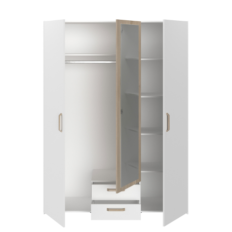 Roupeiro DREAM com 3 portas, 2 gavetas e espelho - Branco e Carvalho