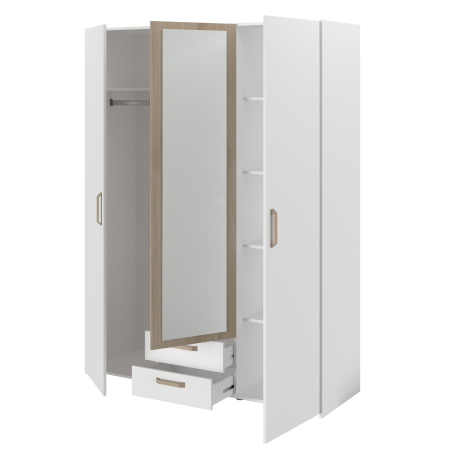 Roupeiro DREAM com 3 portas, 2 gavetas e espelho - Branco e Carvalho