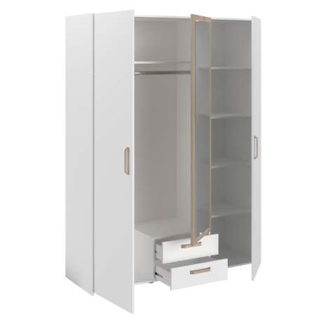 Roupeiro DREAM com 3 portas, 2 gavetas e espelho - Branco e Carvalho