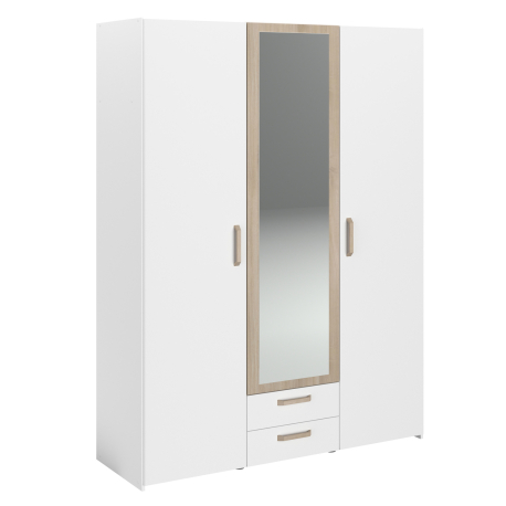 Roupeiro DREAM com 3 portas, 2 gavetas e espelho - Branco e Carvalho