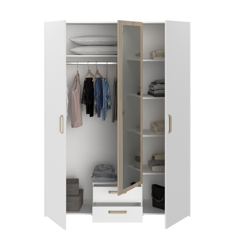 Roupeiro DREAM com 3 portas, 2 gavetas e espelho - Branco e Carvalho