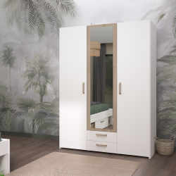 Roupeiro DREAM com 3 portas, 2 gavetas e espelho - Branco e Carvalho
