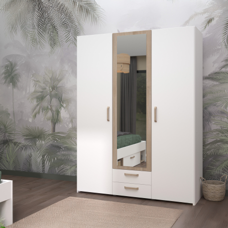 Roupeiro DREAM com 3 portas, 2 gavetas e espelho - Branco e Carvalho