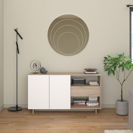 Aparador MAELLE com 2 portas e 1 gaveta - Carvalho e Branco