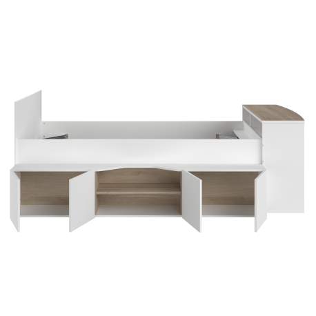 Cama alta CLEO com secretária - Branco Mate e Carvalho