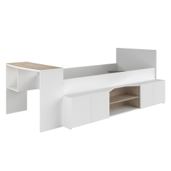 Cama alta CLEO com secretária - Branco Mate e Carvalho