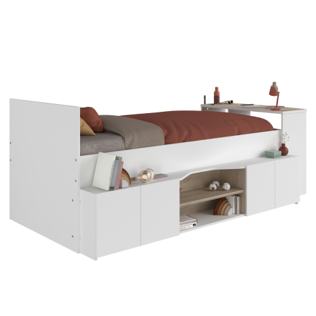 Cama alta CLEO com secretária - Branco Mate e Carvalho