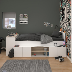 Cama alta CLEO com secretária - Branco Mate e Carvalho