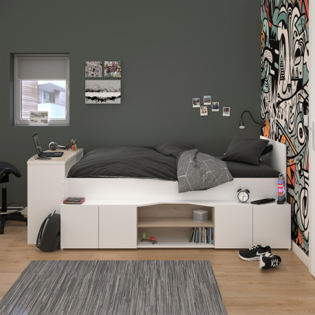 Cama alta CLEO com secretária - Branco Mate e Carvalho