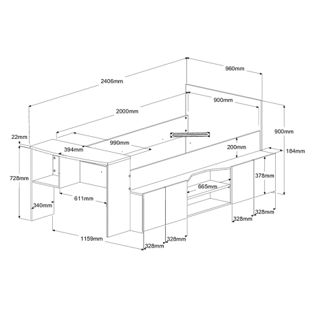 Cama alta CLEO com secretária - Branco Mate e Carvalho
