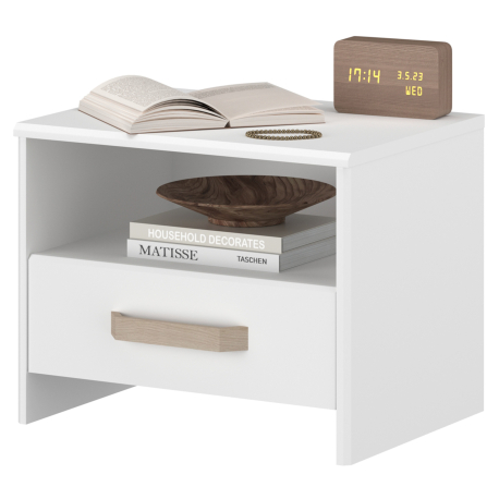 Mesa de cabeceira DREAM com 1 gaveta - Branco Mate e Carvalho