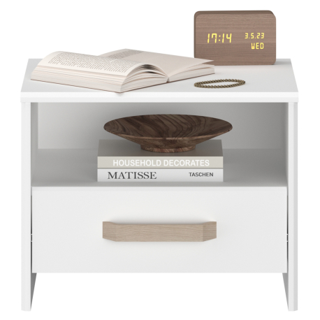 Mesa de cabeceira DREAM com 1 gaveta - Branco Mate e Carvalho
